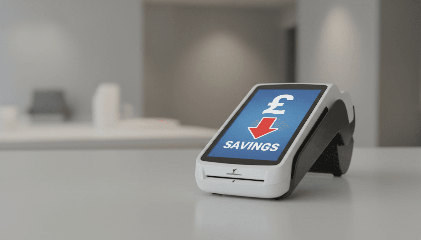 Card machine with pound sign and downward red arrow indicating savings.